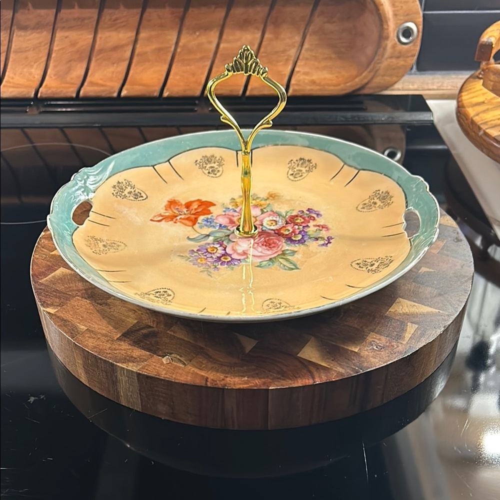 Floral single tier  Serving Tray with Gold Handle
